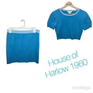 HOUSE OF HARLOW 1960 Women's Blue Combo Crop Top And Skirt Set Size M